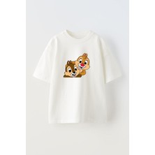 Nmg Tekstil Beyaz Oversize Pamuk Yavru Sincap Çizgi Baskılı Örme T-Shirt