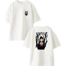 Nmg Tekstil Beyaz Oversize Pamuk Kırmızı Elma Çizgi Ön Arka Baskılı Örme T-Shirt