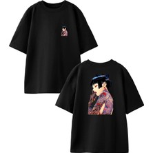 Nmg Tekstil Siyah Oversize Pamuk Dövmeli Çinli Kadın Ön Arka Baskılı Örme T-Shirt