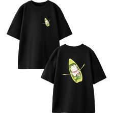 Nmg Tekstil Siyah Oversize Pamuk Kayık Yapan Tavşancık Ön Arka Baskılı Örme T-Shirt