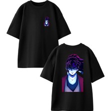 Nmg Tekstil Siyah Oversize Pamuk Mor Anime Uzun Saçlı Dövüşçü Ön Arka Baskılı Örme T-Shirt