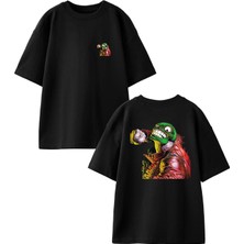 Nmg Tekstil Siyah Oversize Pamuk Yeşil Başlı Canavar Ön Arka Baskılı Örme T-Shirt