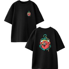 Nmg Tekstil Siyah Oversize Pamuk Deniz Çapa Balık Ön Arka Baskılı Örme T-Shirt