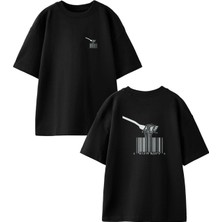 Nmg Tekstil  Siyah Oversize Pamuk Spagetti Barkod Ön Arka Baskılı Örme T-Shirt