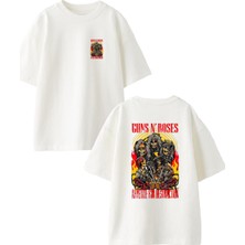 Nmg Tekstil Beyaz Oversize Pamuk Guns Roses Poster Ön Arka Baskılı Örme T-Shirt