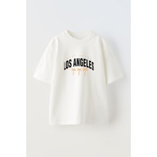 Nmg Tekstil Beyaz Oversize Pamuk Los Angeles Yazı Baskılı Örme T-Shirt