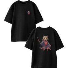 Nmg Tekstil Siyah Oversize Pamuk Samuray Çizim Cat Ön Arka Baskılı Örme T-Shirt
