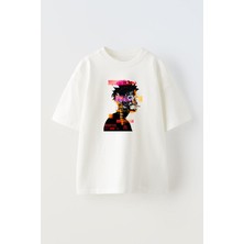 Nmg Tekstil Beyaz Oversize Pamuk Kafalar Karışık Çizim Baskılı Örme T-Shirt