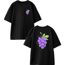 Nmg Tekstil Siyah Oversize Pamuk Üzüm Çizim Ön Arka Baskılı Örme T-Shirt