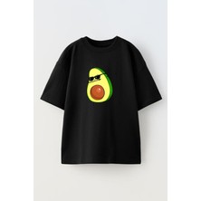 Nmg Tekstil Siyah Oversize Pamuk Avakado Gözlüklü Dans Baskılı Örme T-Shirt