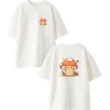 Nmg Tekstil Beyaz Oversize Pamuk Pikachu Mantar Ön Arka Baskılı Örme T-Shirt