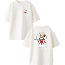 Nmg Tekstil Beyaz Oversize Pamuk Samuray Kedi Kılıç Ay Ön Arka Baskılı Örme T-Shirt