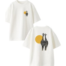 Nmg Tekstil Beyaz Oversize Pamuk Çift Zürafa Güneş Ön Arka Baskılı Örme T-Shirt