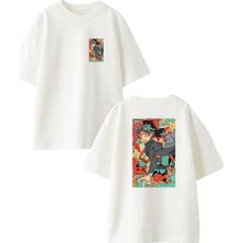 Nmg Tekstil Beyaz Oversize Pamuk Karmaşık Çizim Karikatür Ön Arka Baskılı Örme T-Shirt