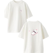 Nmg Tekstil Beyaz Oversize Pamuk Yatay Kedicik Şirin Ön Arka Baskılı Örme T-Shirt