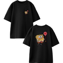 Nmg Tekstil Siyah Oversize Pamuk Balonlu Sünger Bob Ön Arka Baskılı Örme T-Shirt