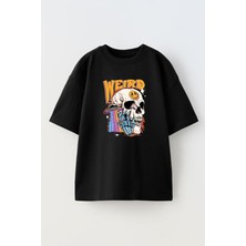 Nmg Tekstil Siyah Oversize Pamuk Weird Kurukafa Baskılı Örme T-Shirt