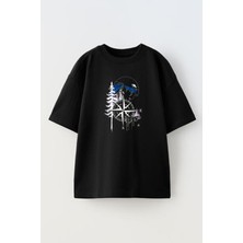 Nmg Tekstil Siyah Oversize Pamuk Çam Pusula Baskılı Örme T-Shirt