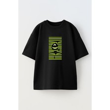 Nmg Tekstil Siyah Oversize Pamuk Yeşil Çizgili Çocuk Karakter Baskılı Örme T-Shirt