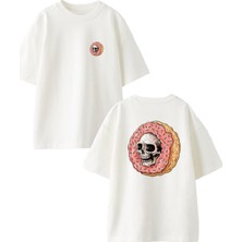 Nmg Tekstil  Beyaz Oversize Pamuk Kurukafa Donut Ön Arka Baskılı Örme T-Shirt