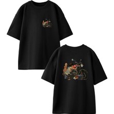 Nmg Tekstil  Siyah Oversize Pamuk Babalı Kızlı Motor Ön Arka Baskılı Örme T-Shirt