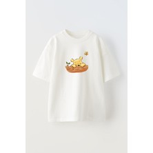 Nmg Tekstil Beyaz Oversize Pamuk Bal Ayı Çizgi Baskılı Örme T-Shirt