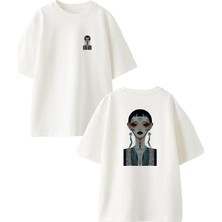 Nmg Tekstil Beyaz Oversize Pamuk Çok Gözlü Kadın Ön Arka Baskılı Örme T-Shirt