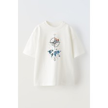 Nmg Tekstil Beyaz Oversize Pamuk Denizci Pusula Baskılı Örme T-Shirt