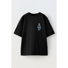 Nmg Tekstil Siyah Oversize Pamuk Batman Robot Baskılı Örme T-Shirt