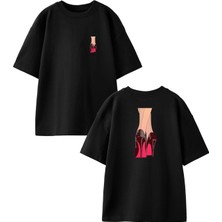 Nmg Tekstil Siyah Oversize Pamuk Topuklu Stiletto Ön Arka Baskılı Örme T-Shirt