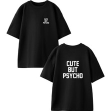 Nmg Tekstil Siyah Oversize Pamuk Cut But Pyscho Ön Arka Baskılı Örme T-Shirt