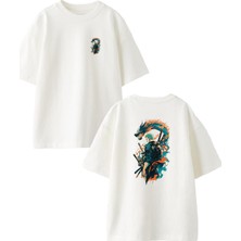 Nmg Tekstil Beyaz Oversize Pamuk Dragonlu Samuray Ön Arka Baskılı Örme T-Shirt