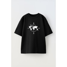 Nmg Tekstil Siyah Oversize Pamuk Harita Ve Pusula Baskılı Örme T-Shirt