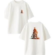 Nmg Tekstil Beyaz Oversize Pamuk Kalkanlı Samuray Ön Arka Baskılı Örme T-Shirt