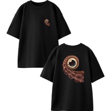 Nmg Tekstil Siyah Oversize Pamuk Ahtapot Göz Kol Ön Arka Baskılı Örme T-Shirt
