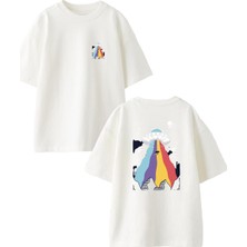 Nmg Tekstil Beyaz Oversize Pamuk Uzay Gemisi Ön Arka Baskılı Örme T-Shirt