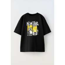 Nmg Tekstil Siyah Oversize Pamuk Newyork Never Sleep Baskılı Örme T-Shirt
