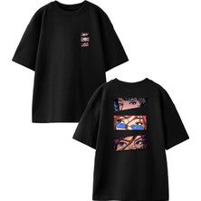 Nmg Tekstil Siyah Oversize Pamuk Üçlü Kız Genç Ön Arka Baskılı Örme T-Shirt