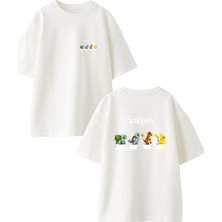 Nmg Tekstil Beyaz Oversize Pamuk Starter Pokemon Ön Arka Baskılı Örme T-Shirt