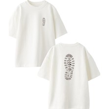 Nmg Tekstil Beyaz Oversize Pamuk Bot Ayakkabı Altı Ön Arka Baskılı Örme T-Shirt