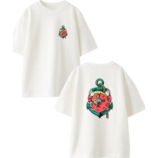Nmg Tekstil Beyaz Oversize Pamuk Deniz Çapa Balık Ön Arka Baskılı Örme T-Shirt
