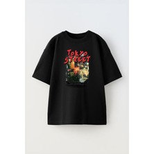 Nmg Tekstil Siyah Oversize Pamuk Tokyo Street Baskılı Örme T-Shirt