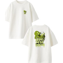 Nmg Tekstil Beyaz Oversize Pamuk Bring Yeşil Saçlı Cadı Ön Arka Baskılı Örme T-Shirt