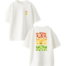 Nmg Tekstil Beyaz Oversize Pamuk Karpuz Kavun Kivi Ön Arka Baskılı Örme T-Shirt