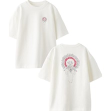 Nmg Tekstil Beyaz Oversize Pamuk Boynuzlu Poster Koyun Ön Arka Baskılı Örme T-Shirt