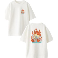 Nmg Tekstil Beyaz Oversize Pamuk Yanan Alev Okay Ön Arka Baskılı Örme T-Shirt
