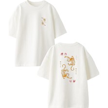 Nmg Tekstil Beyaz Oversize Pamuk Kaplan As Kart Ön Arka Baskılı Örme T-Shirt