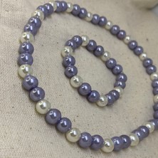 Trend Vitrin Lila Mor Beyaz Inci Kolye ve Bileklik Set Model 2