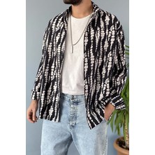 Alışveriş Sokağı Siyah Desenli Uzun Kollu Oversize Gömlek