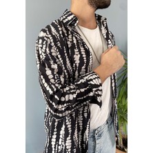 Alışveriş Sokağı Siyah Desenli Uzun Kollu Oversize Gömlek